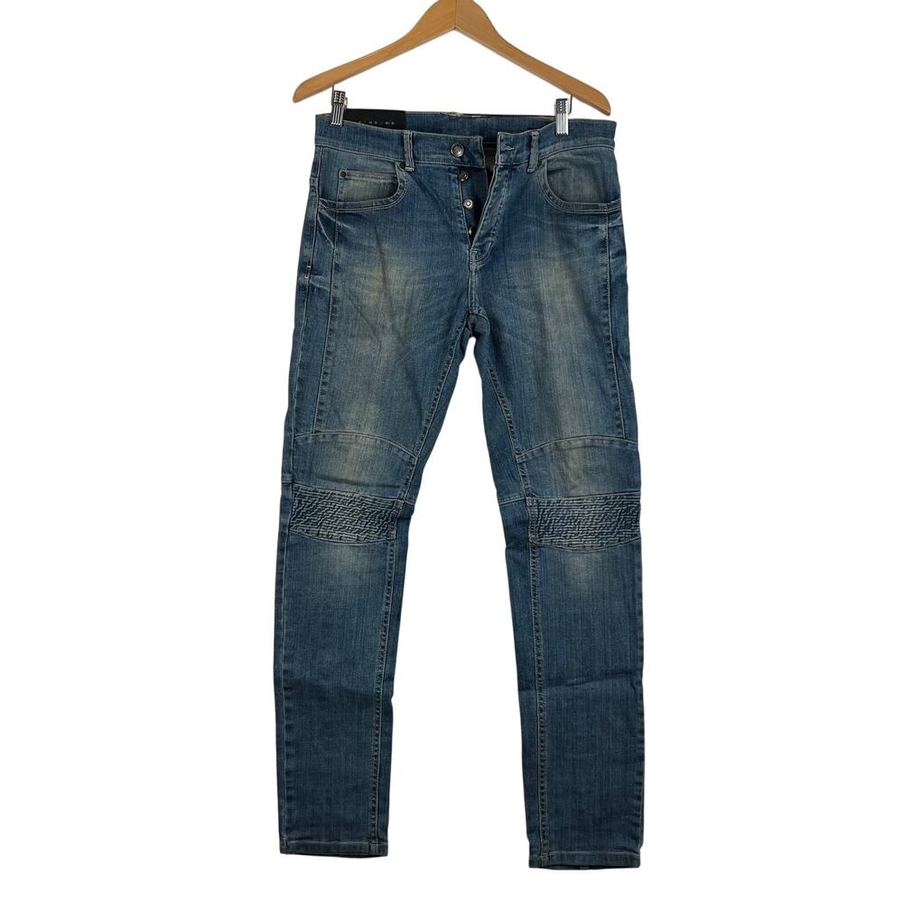 Zara Jeans Denim Collection Mens 31 Blue Biker Moto Slim Jeans Medium Wash